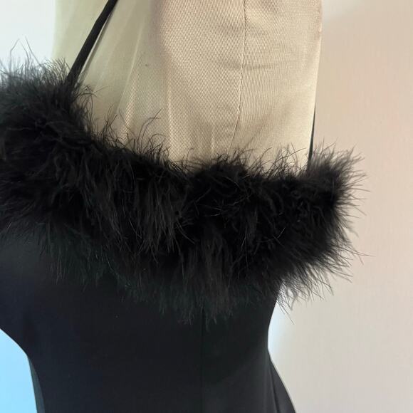 Vtg Y2K 2000s Black Feather Trim Gown Formal Prom See Measurements for Sizing - Picture 3 of 7